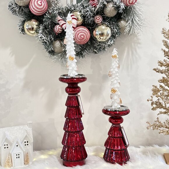 Christmas Holiday Tree Tired Red Mercury Glass Pillar Candle Tapers Holder PAIR - Picture 7 of 10